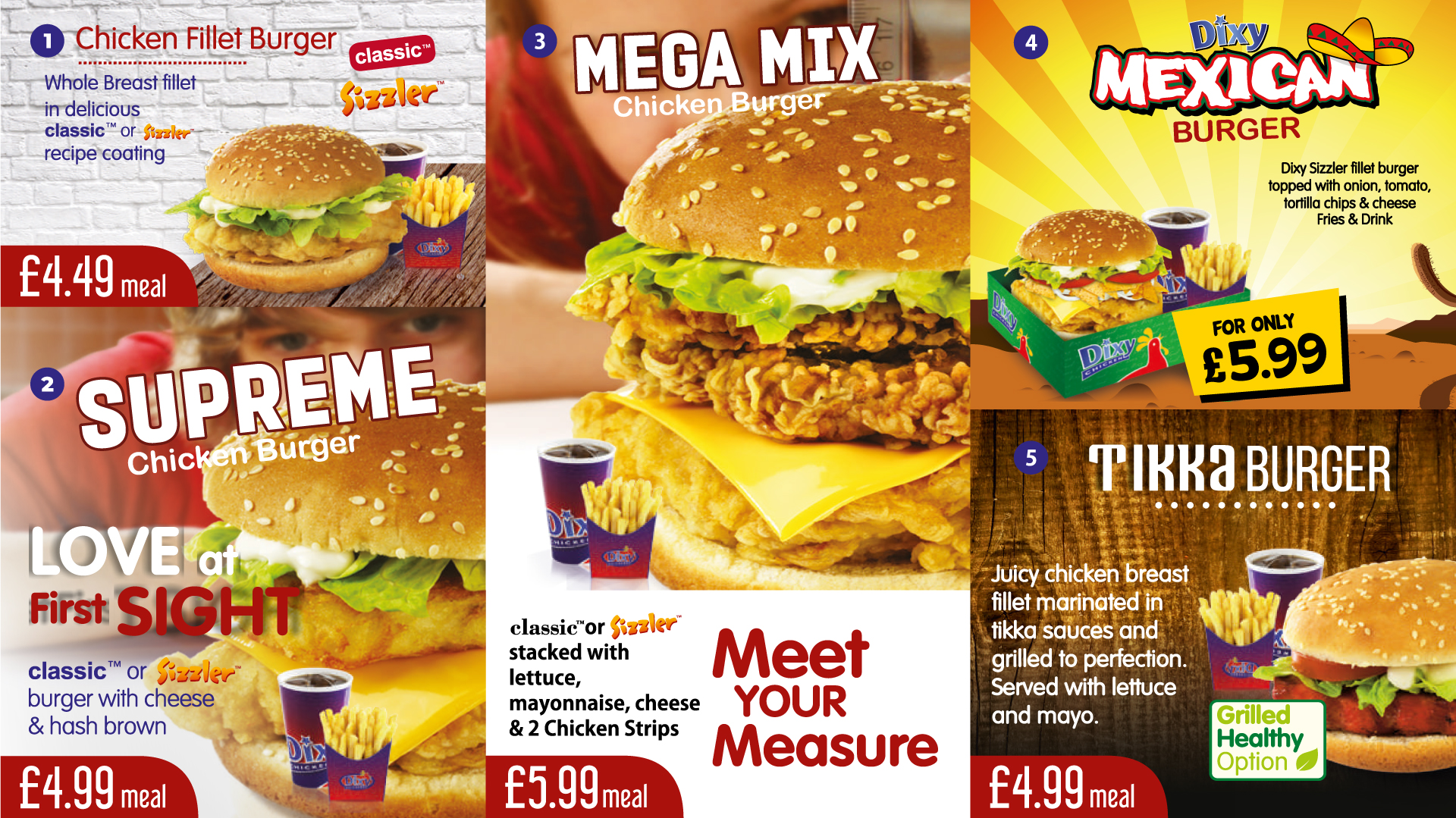 Variety of Dixy Chicken burgers advertised with prices, including Chicken Fillet and Mega Mix options.