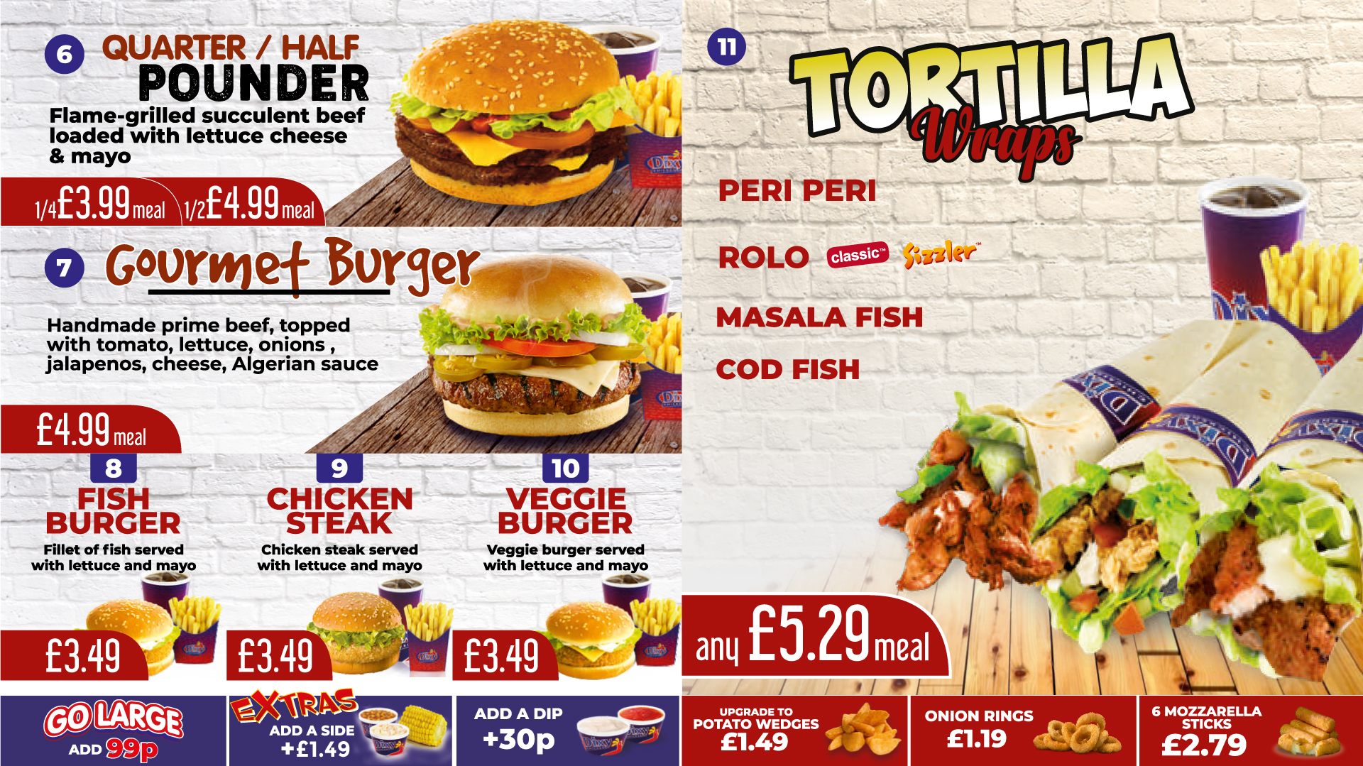 Dixy Chicken menu showcasing gourmet burgers, fish burgers, and wrap options with vibrant images