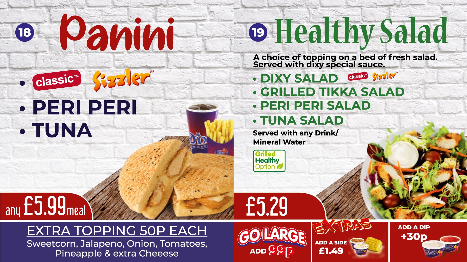 Menu of Dixy Chicken's paninis and healthy salads, offering choices like Peri Peri and Grilled Tikka.