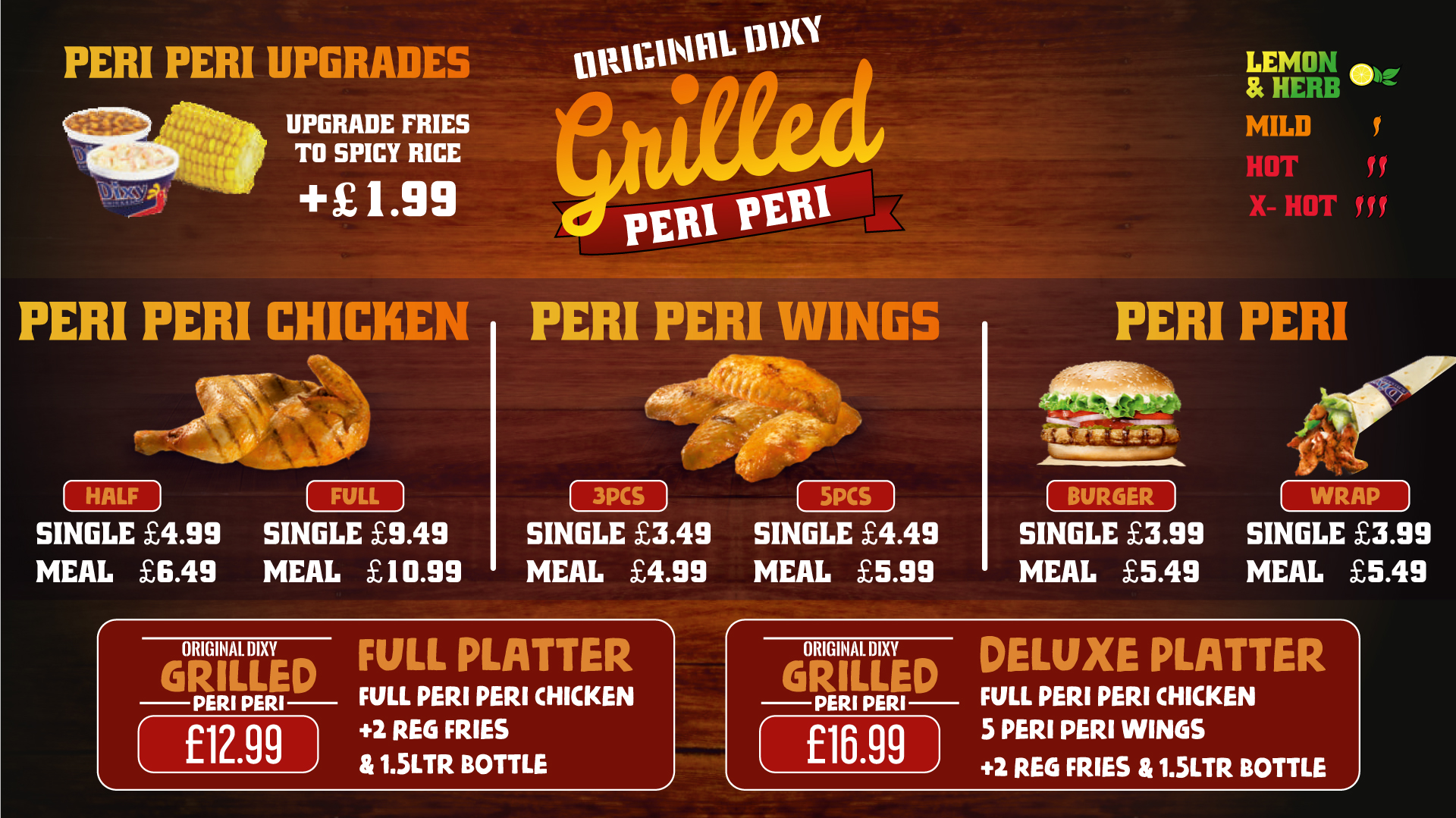 Dixy Chicken's spicy Peri Peri menu, featuring grilled chicken, wings, and burger options.