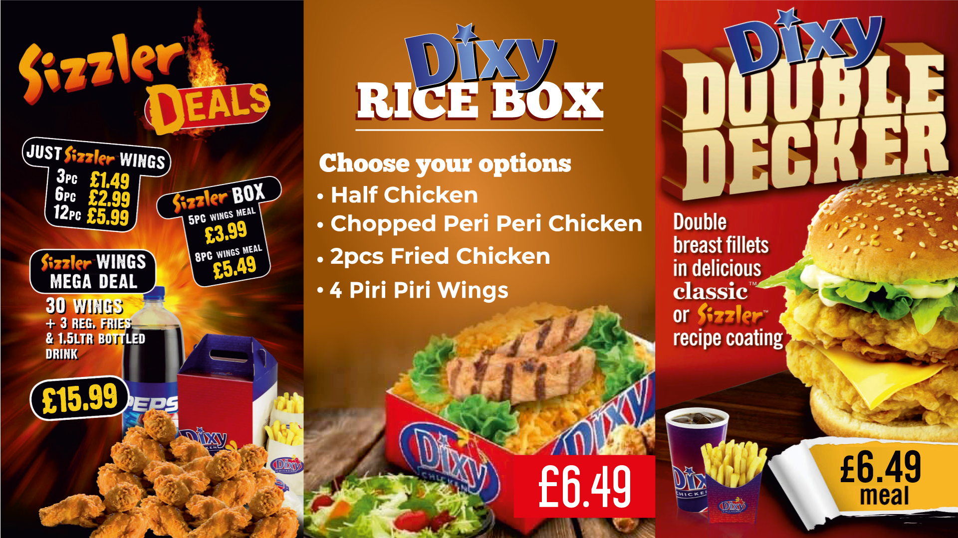 Dixy Chicken Sizzler Deals and Rice Box options, with spicy wings and Double Decker burger meals.